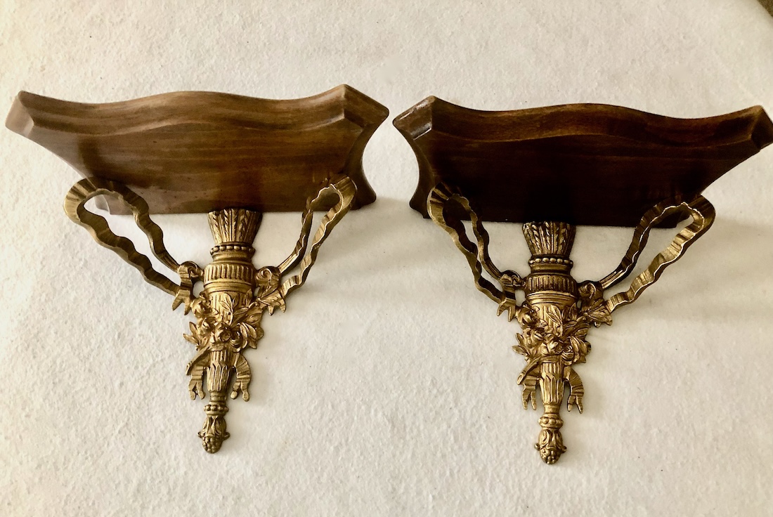 A Decorative Pair of Neoclassical Design Mahogany and Gilt Brass Wall Brackets c.1930